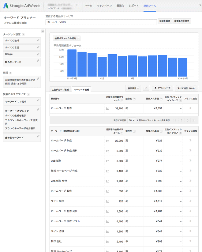 googlekeywordプランナー画面変更前